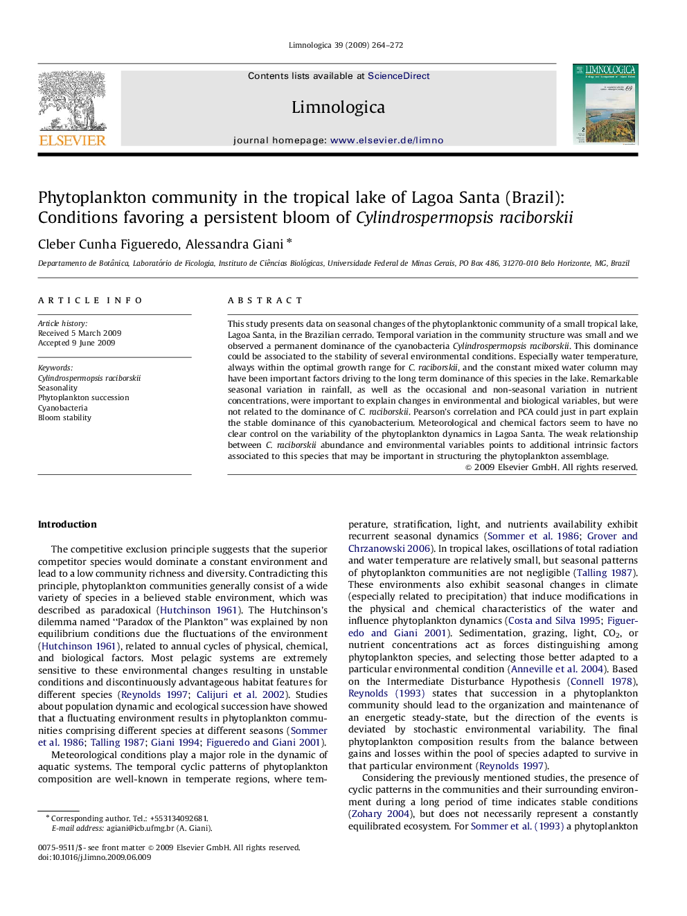 Phytoplankton community in the tropical lake of Lagoa Santa (Brazil): Conditions favoring a persistent bloom of Cylindrospermopsis raciborskii