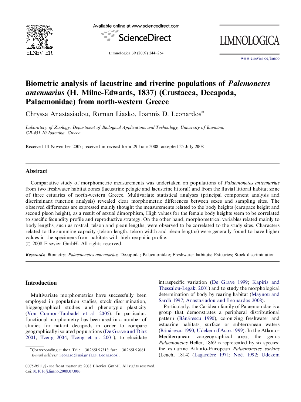 Biometric analysis of lacustrine and riverine populations of Palemonetes antennarius (H. Milne-Edwards, 1837) (Crustacea, Decapoda, Palaemonidae) from north-western Greece