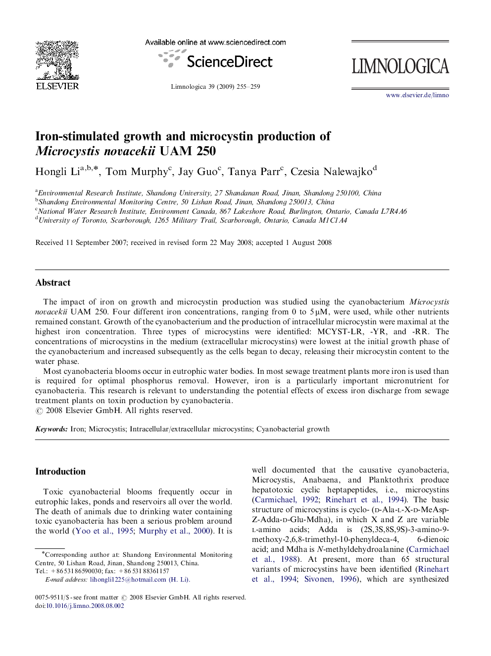 Iron-stimulated growth and microcystin production of Microcystis novacekii UAM 250