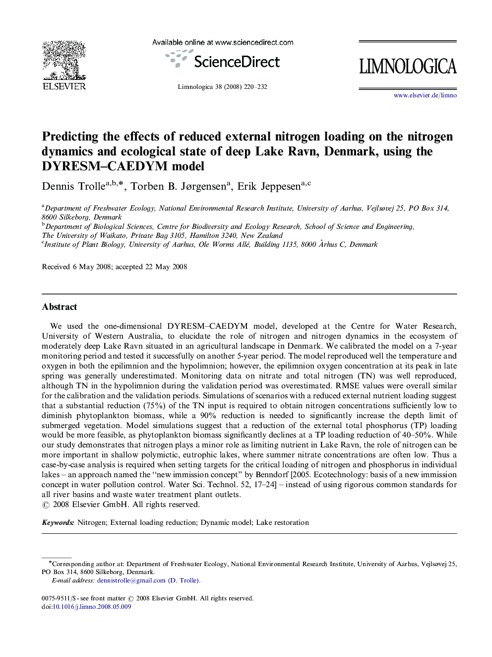 Predicting the effects of reduced external nitrogen loading on the nitrogen dynamics and ecological state of deep Lake Ravn, Denmark, using the DYRESM–CAEDYM model