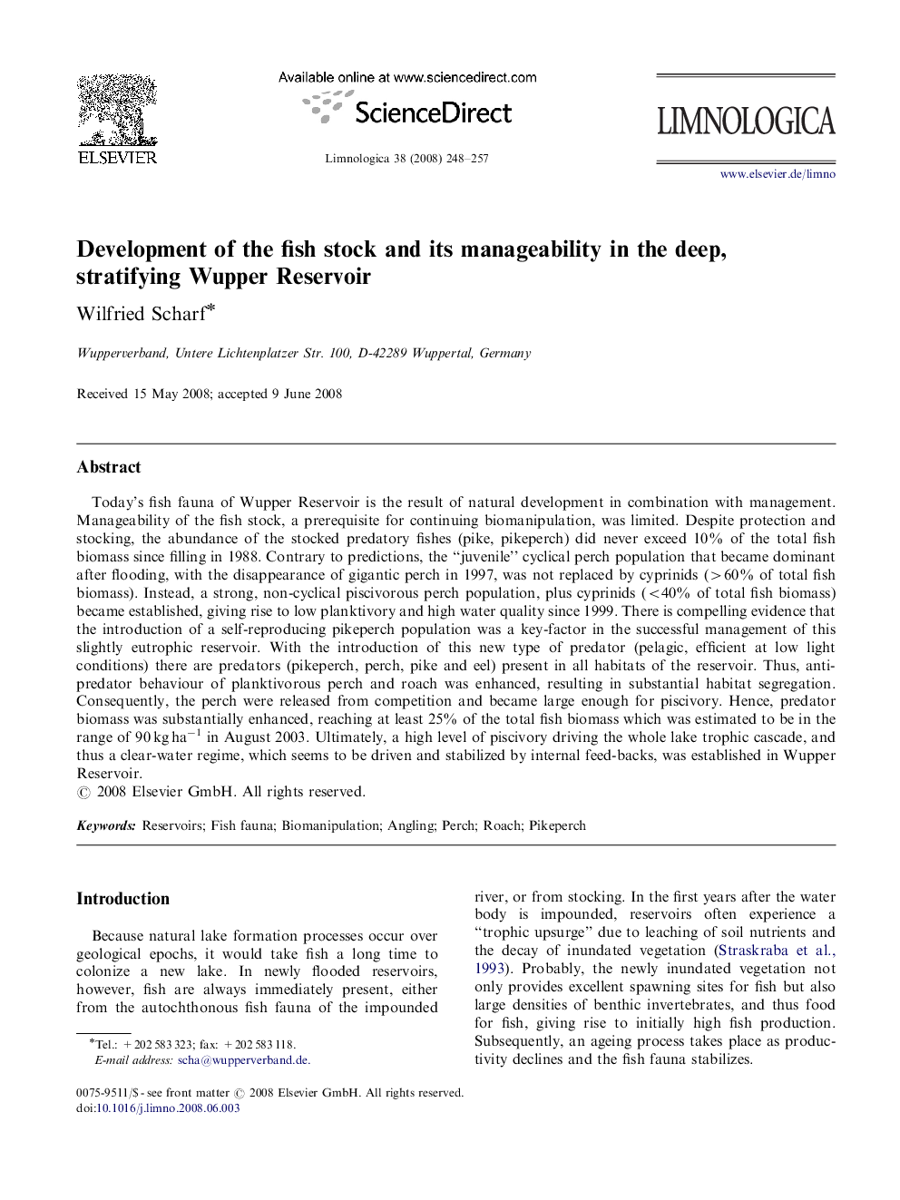 Development of the fish stock and its manageability in the deep, stratifying Wupper Reservoir