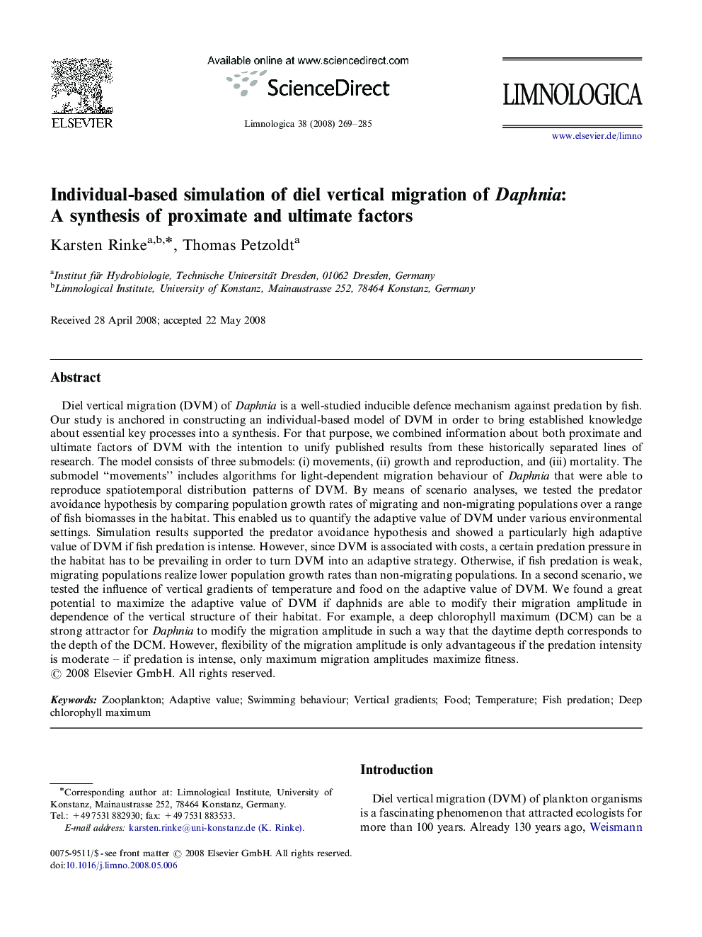 Individual-based simulation of diel vertical migration of Daphnia: A synthesis of proximate and ultimate factors