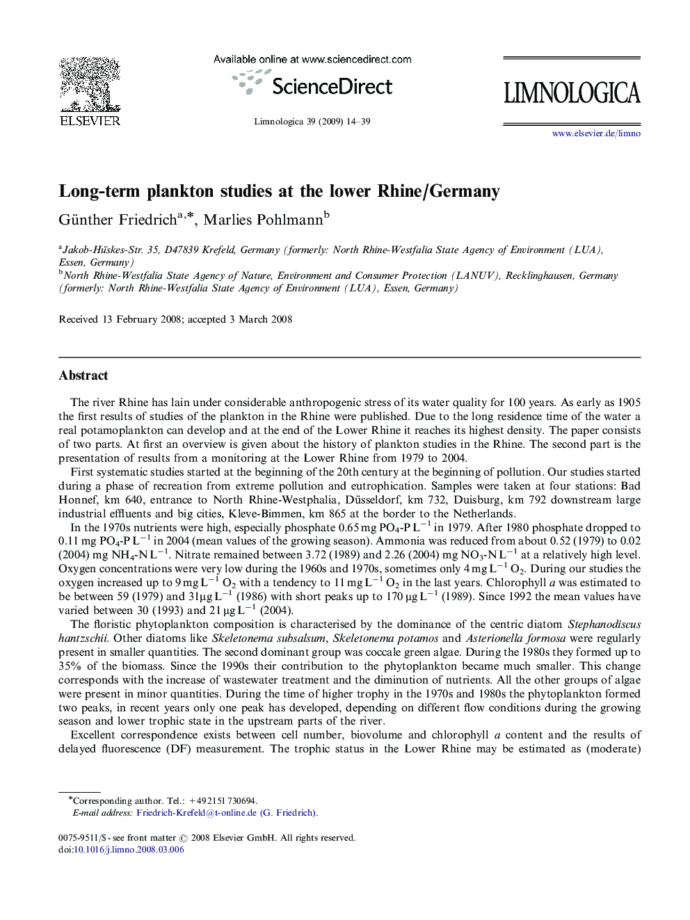 Long-term plankton studies at the lower Rhine/Germany