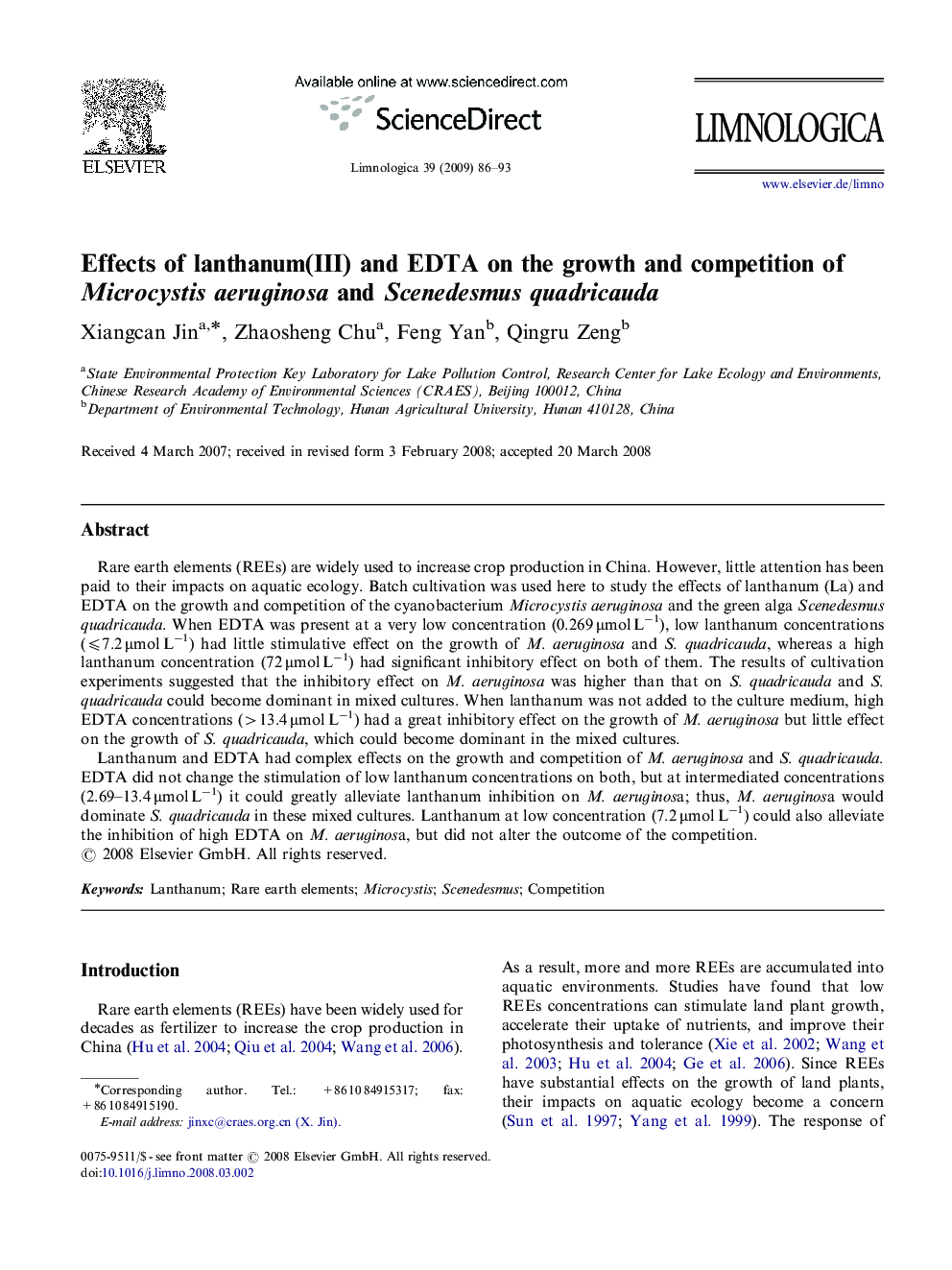 Effects of lanthanum(III) and EDTA on the growth and competition of Microcystis aeruginosa and Scenedesmus quadricauda