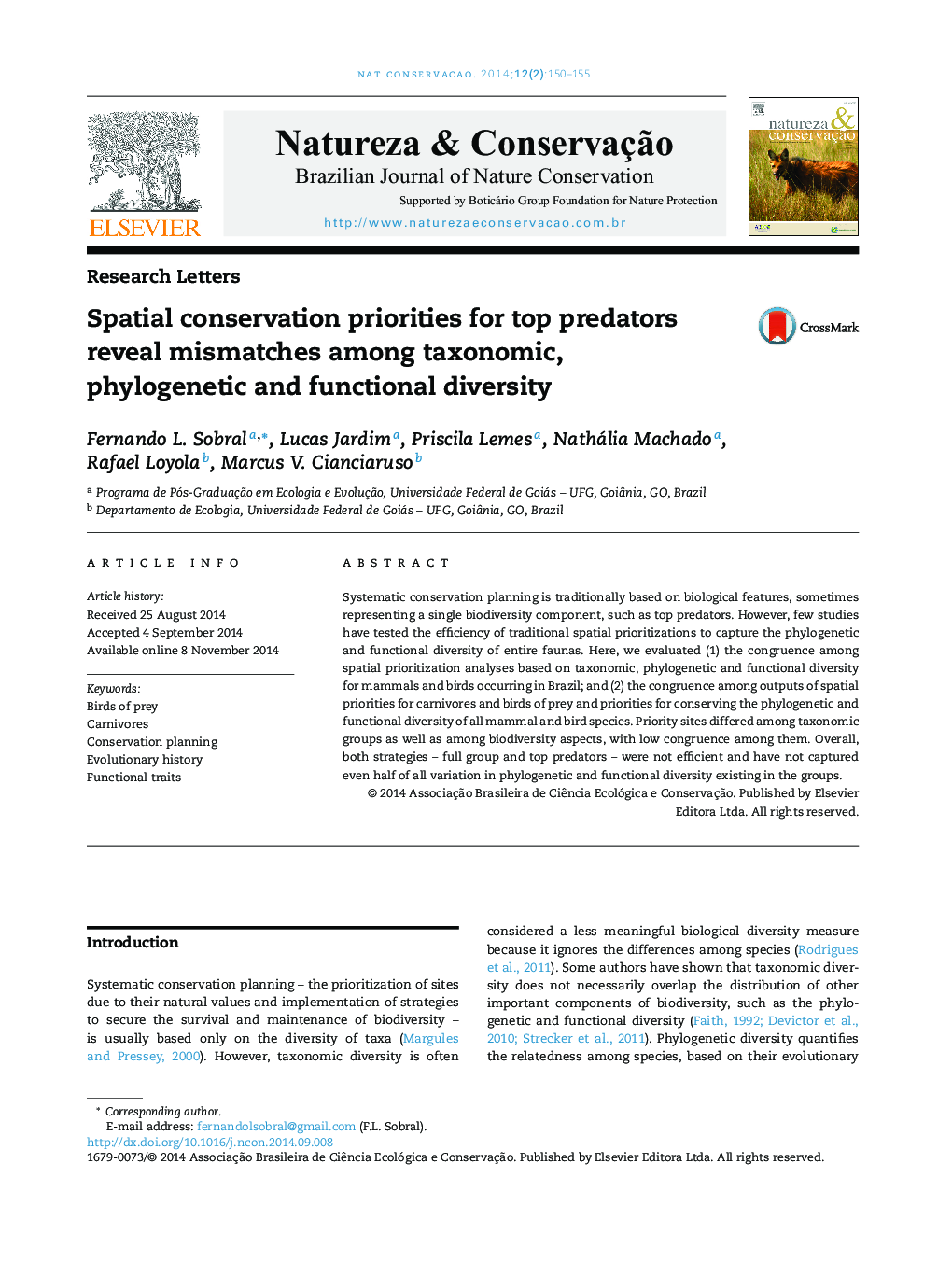 Spatial conservation priorities for top predators reveal mismatches among taxonomic, phylogenetic and functional diversity