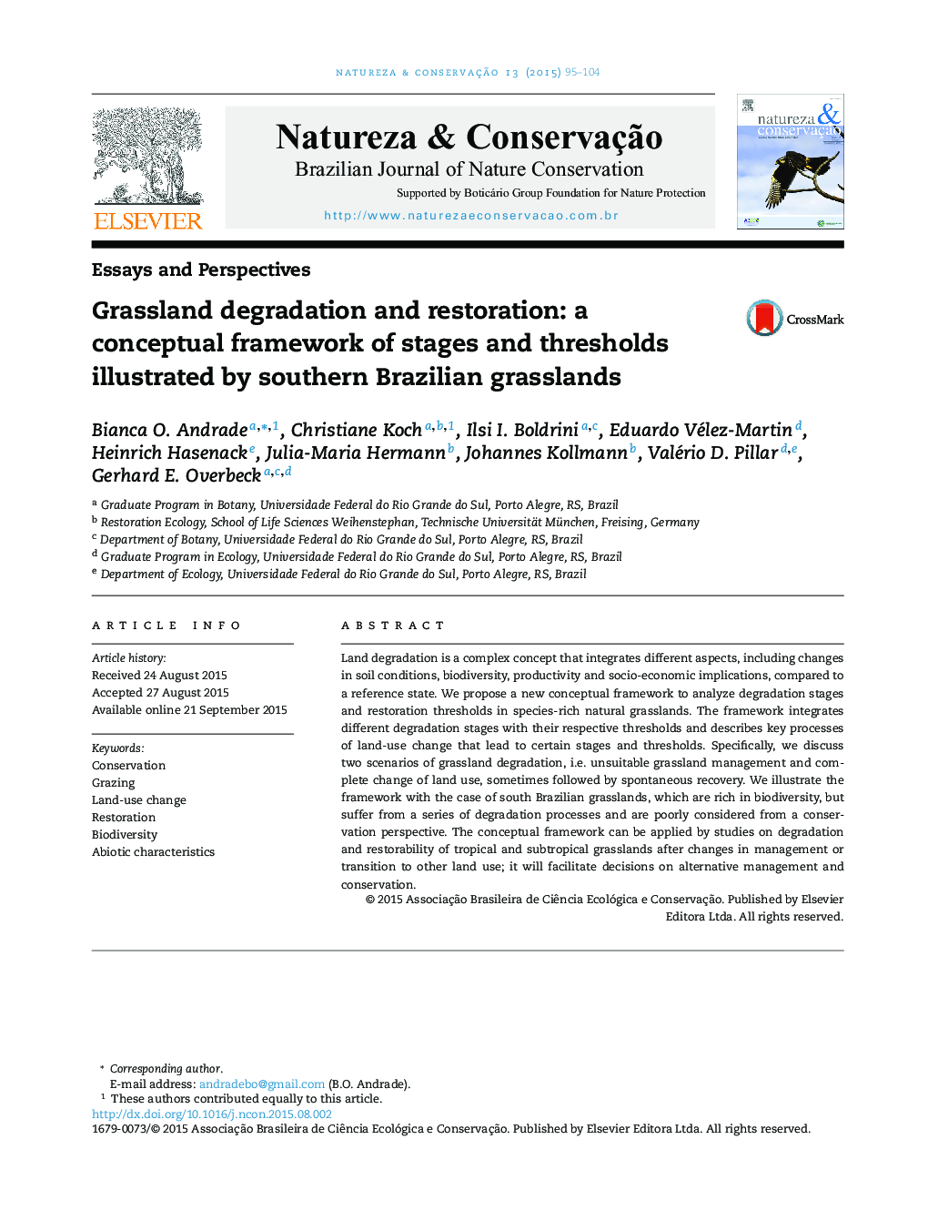 Grassland degradation and restoration: a conceptual framework of stages and thresholds illustrated by southern Brazilian grasslands