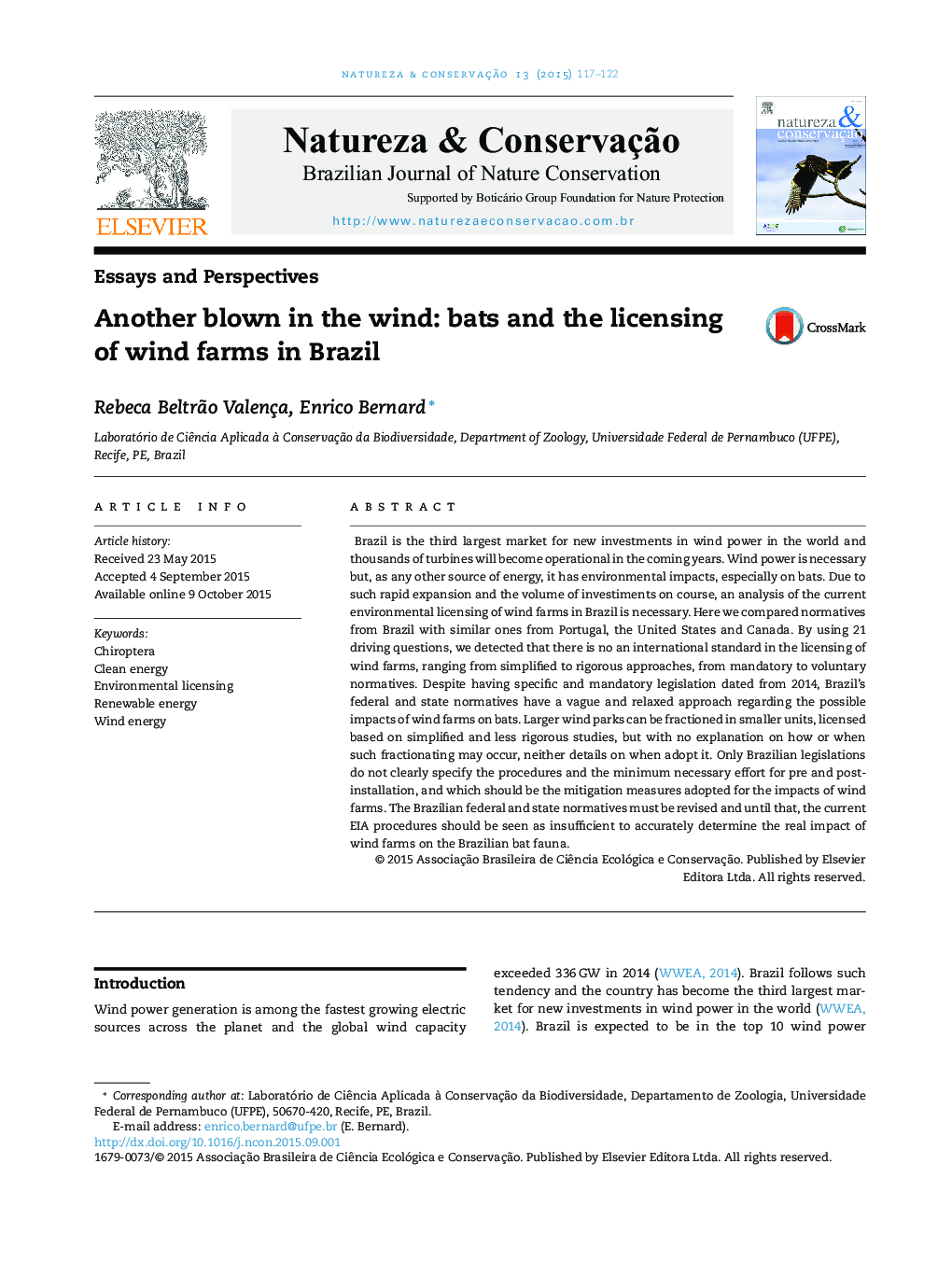 Another blown in the wind: bats and the licensing of wind farms in Brazil