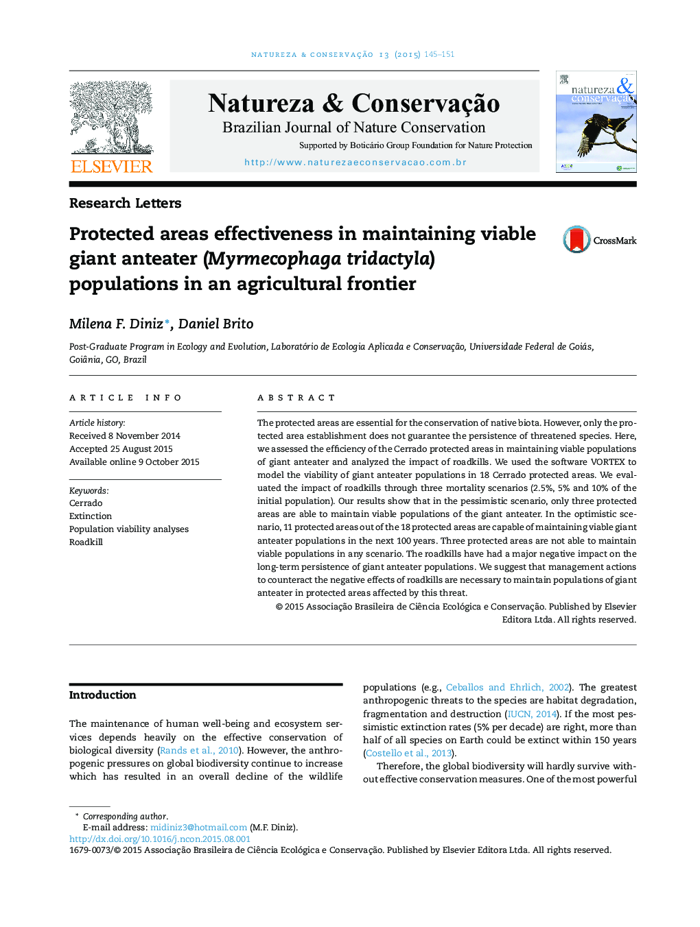 Protected areas effectiveness in maintaining viable giant anteater (Myrmecophaga tridactyla) populations in an agricultural frontier