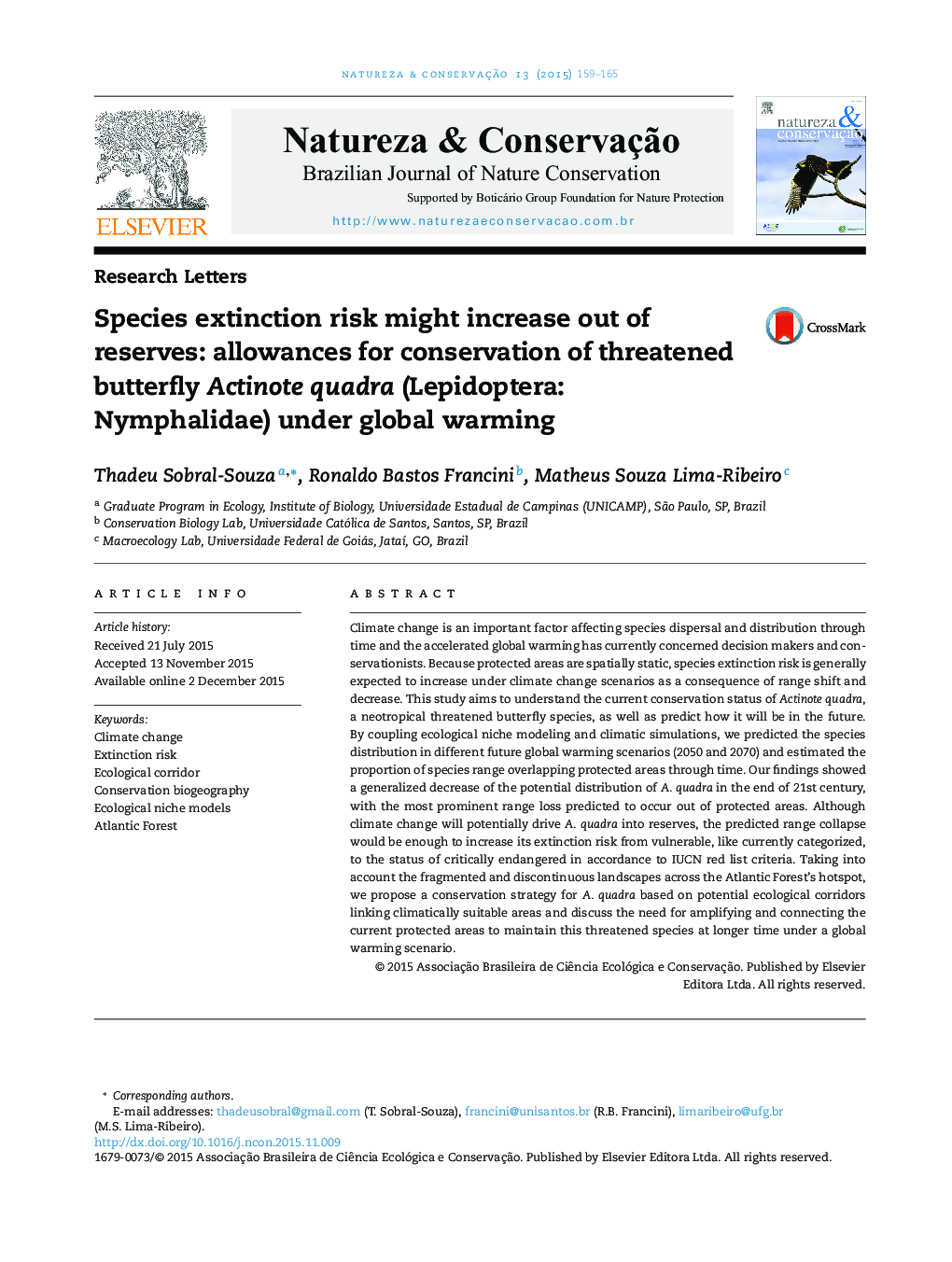 Species extinction risk might increase out of reserves: allowances for conservation of threatened butterfly Actinote quadra (Lepidoptera: Nymphalidae) under global warming