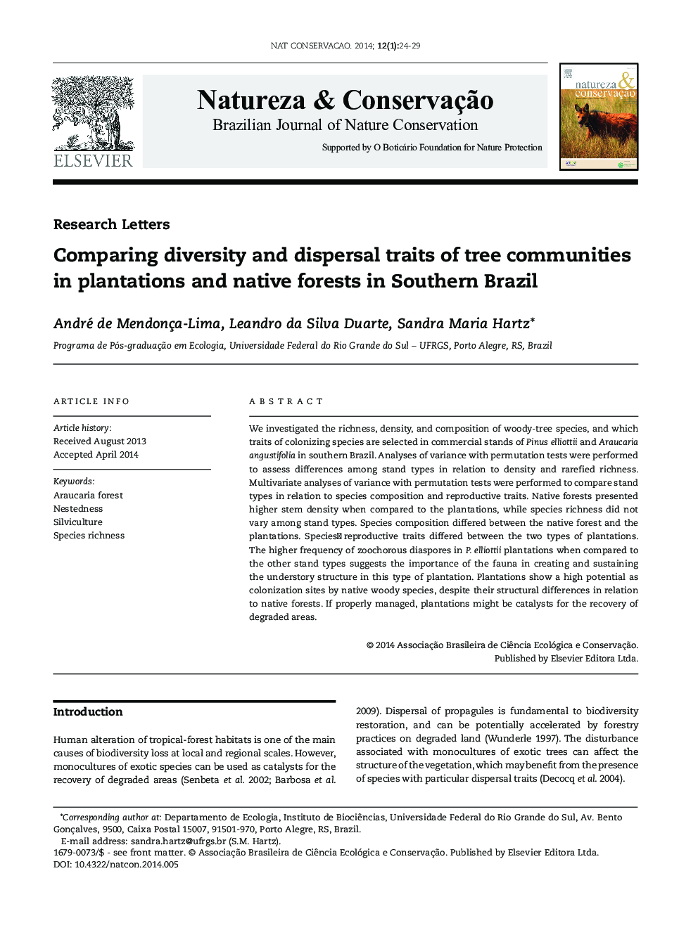 Comparing diversity and dispersal traits of tree communities in plantations and native forests in Southern Brazil