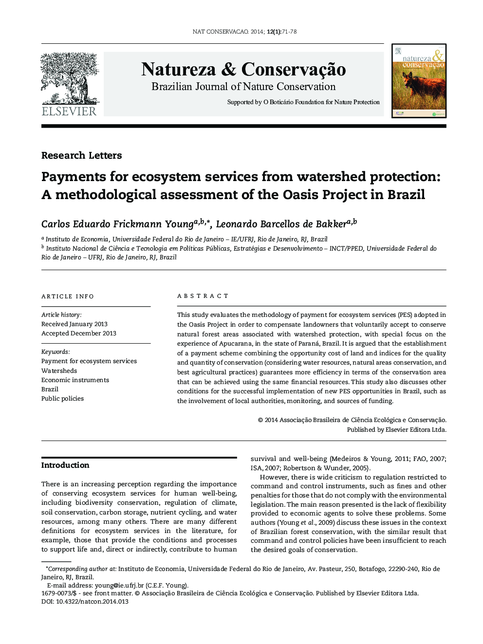 Payments for ecosystem services from watershed protection: A methodological assessment of the Oasis Project in Brazil