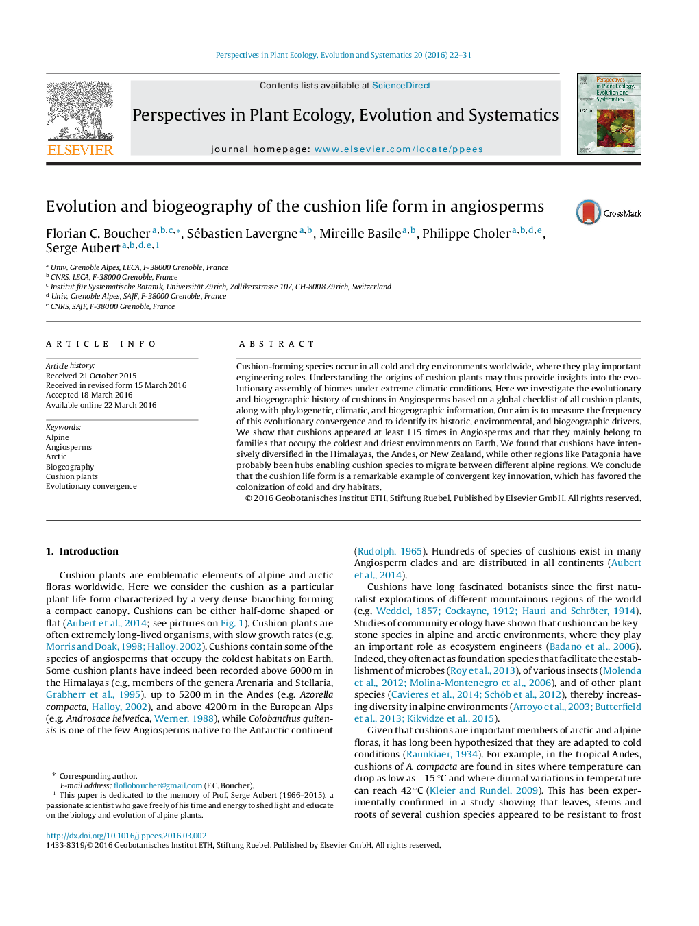 Evolution and biogeography of the cushion life form in angiosperms