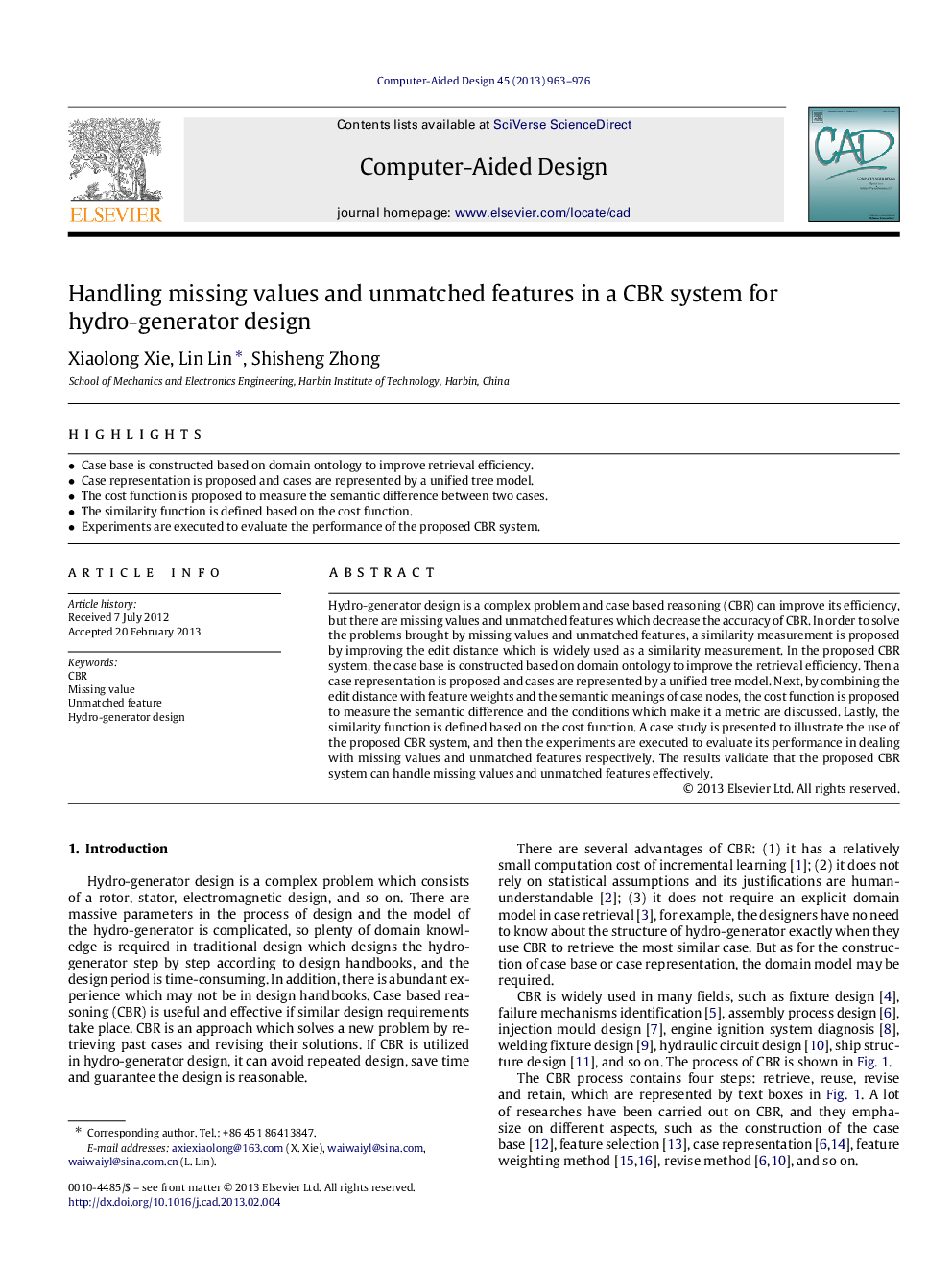 Handling missing values and unmatched features in a CBR system for hydro-generator design