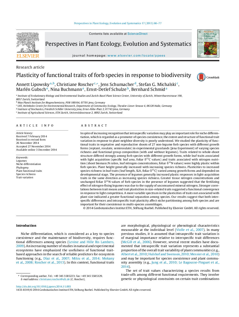 Plasticity of functional traits of forb species in response to biodiversity