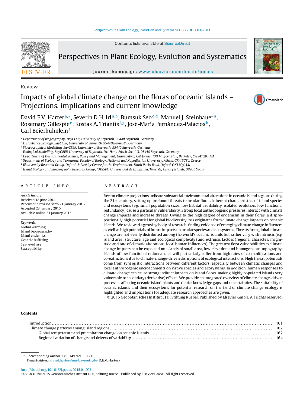 Impacts of global climate change on the floras of oceanic islands – Projections, implications and current knowledge