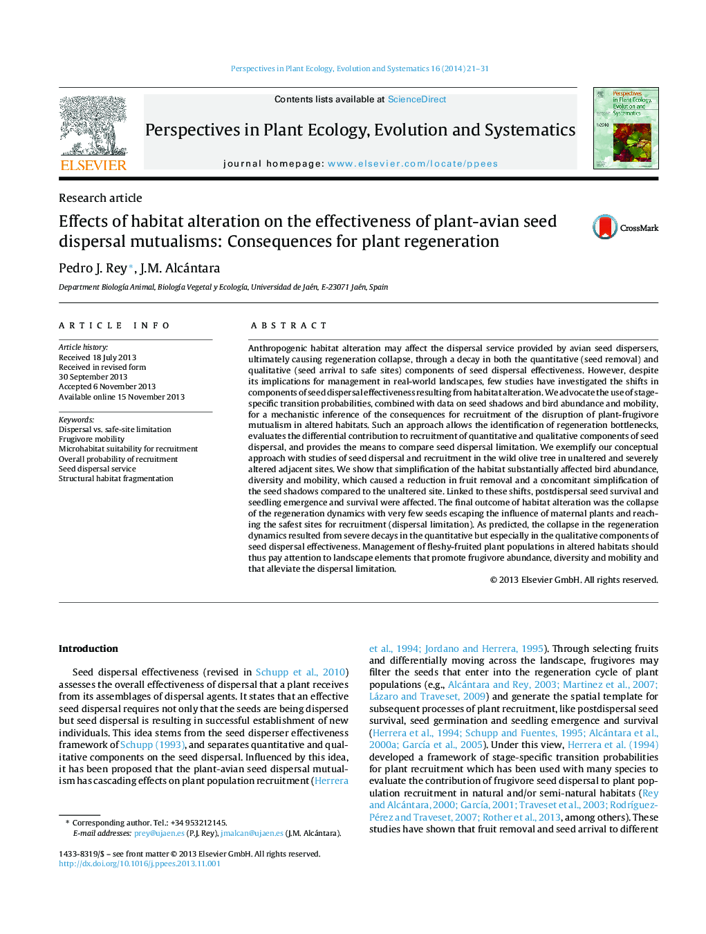 Effects of habitat alteration on the effectiveness of plant-avian seed dispersal mutualisms: Consequences for plant regeneration