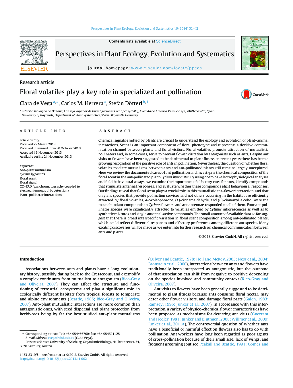 Floral volatiles play a key role in specialized ant pollination