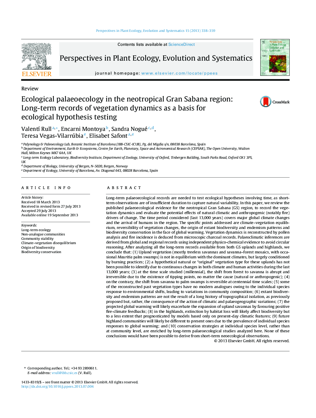 Ecological palaeoecology in the neotropical Gran Sabana region: Long-term records of vegetation dynamics as a basis for ecological hypothesis testing