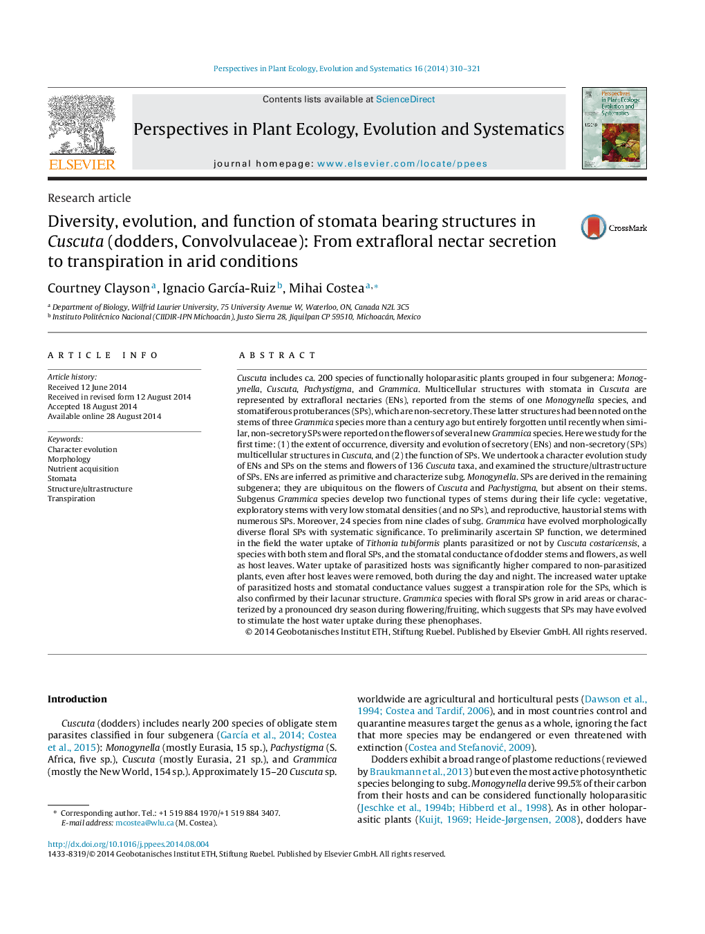 Diversity, evolution, and function of stomata bearing structures in Cuscuta (dodders, Convolvulaceae): From extrafloral nectar secretion to transpiration in arid conditions