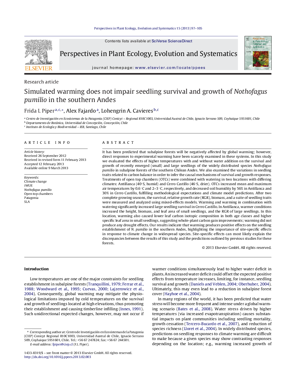 Simulated warming does not impair seedling survival and growth of Nothofagus pumilio in the southern Andes