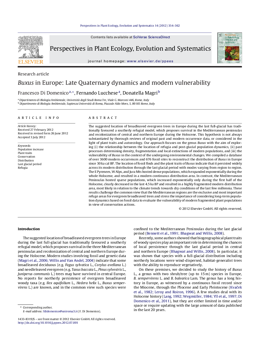 Buxus in Europe: Late Quaternary dynamics and modern vulnerability