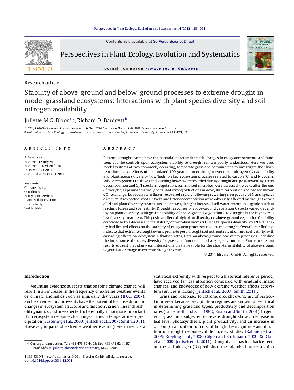 Stability of above-ground and below-ground processes to extreme drought in model grassland ecosystems: Interactions with plant species diversity and soil nitrogen availability