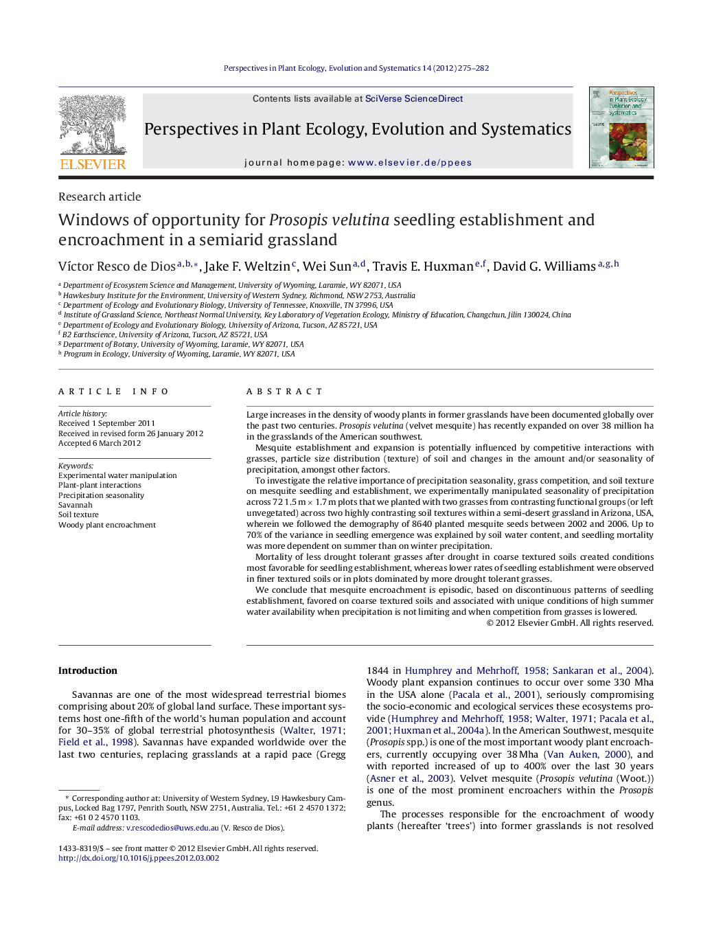 Windows of opportunity for Prosopis velutina seedling establishment and encroachment in a semiarid grassland