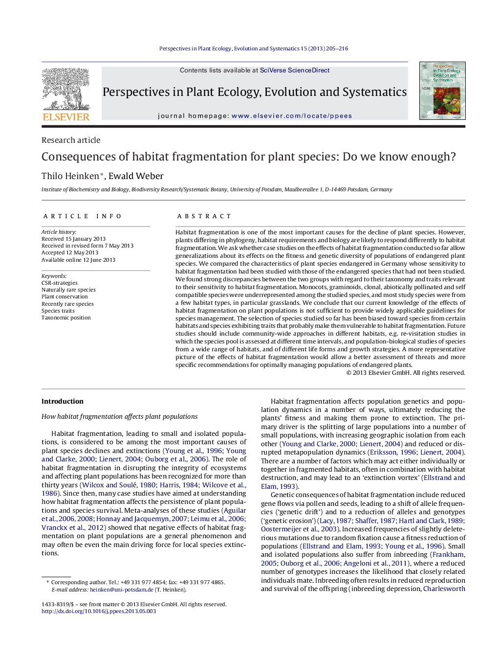 Consequences of habitat fragmentation for plant species: Do we know enough?