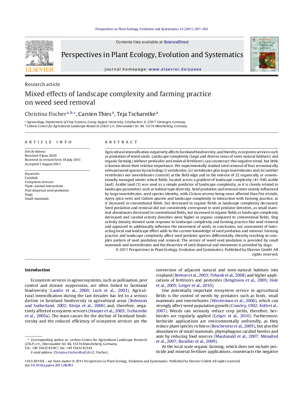 Mixed effects of landscape complexity and farming practice on weed seed removal