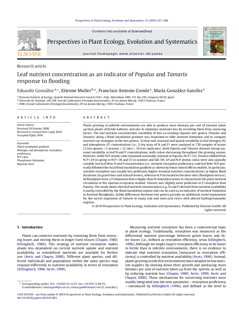 Leaf nutrient concentration as an indicator of Populus and Tamarix response to flooding