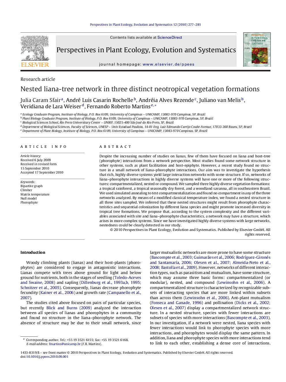 Nested liana-tree network in three distinct neotropical vegetation formations