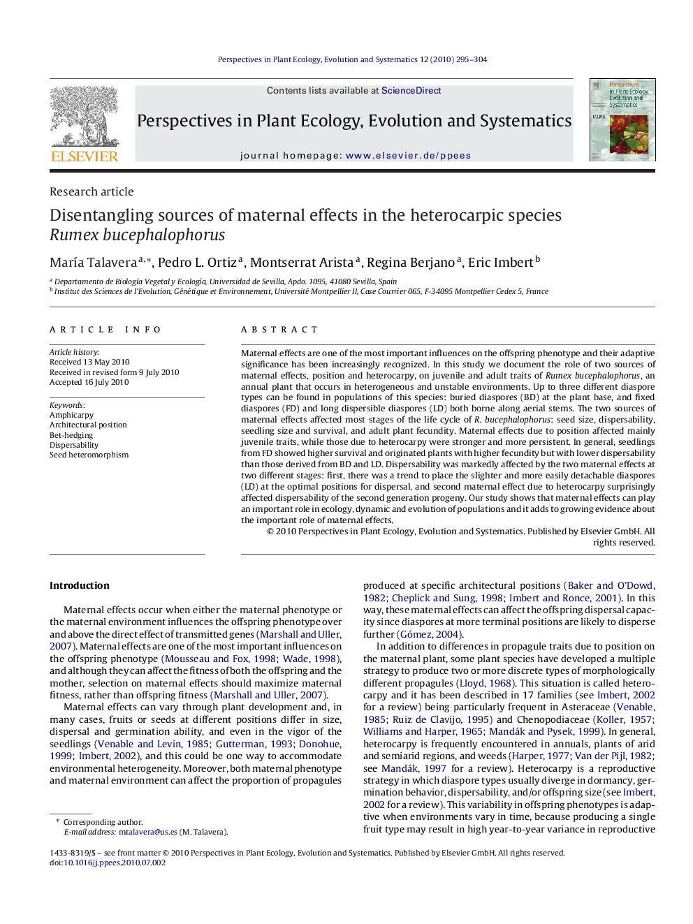 Disentangling sources of maternal effects in the heterocarpic species Rumex bucephalophorus