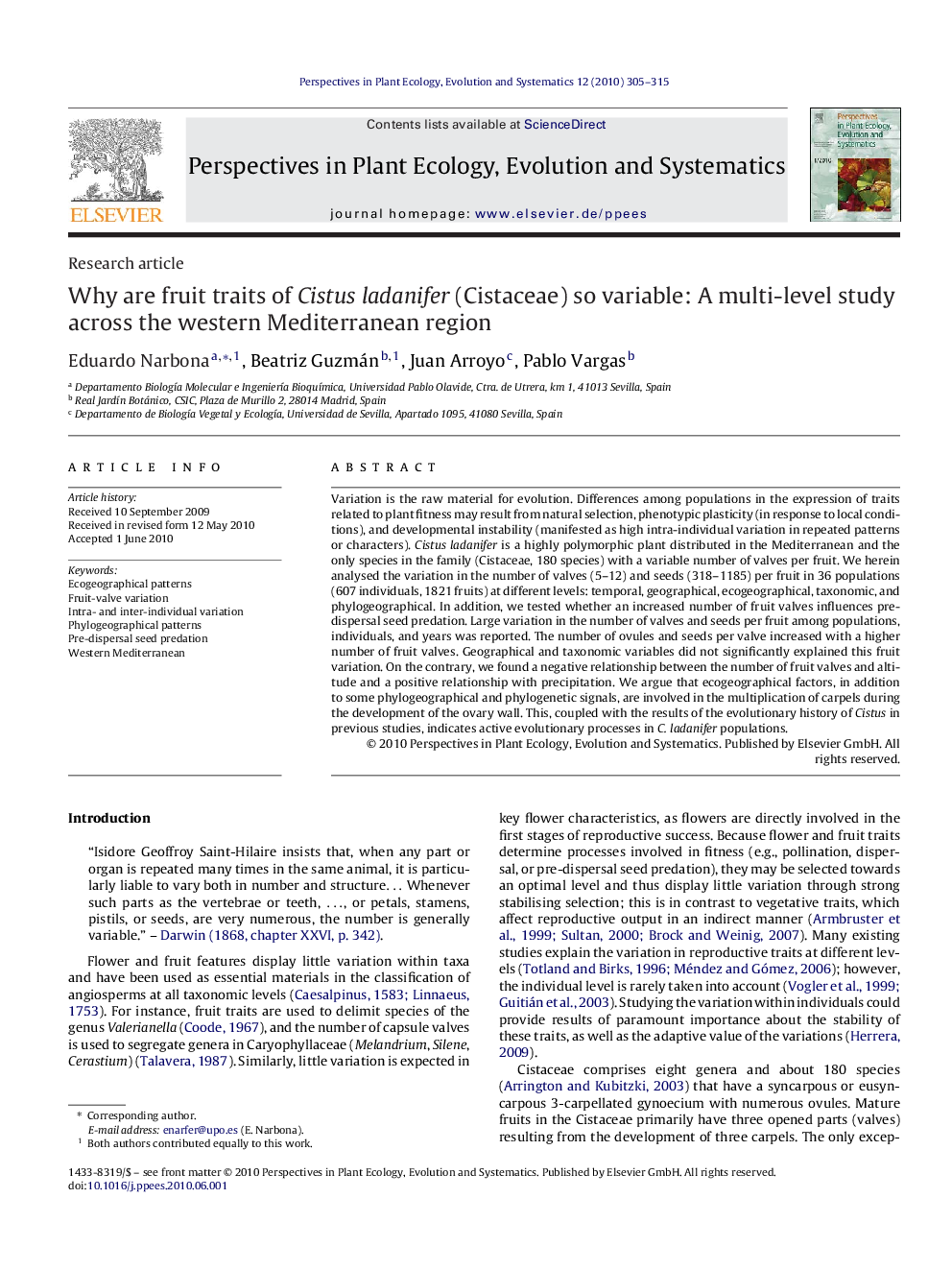 Why are fruit traits of Cistus ladanifer (Cistaceae) so variable: A multi-level study across the western Mediterranean region