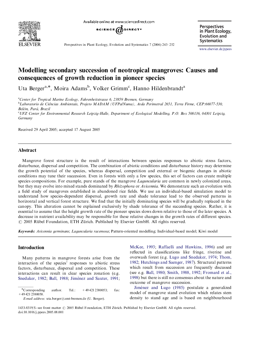 Modelling secondary succession of neotropical mangroves: Causes and consequences of growth reduction in pioneer species