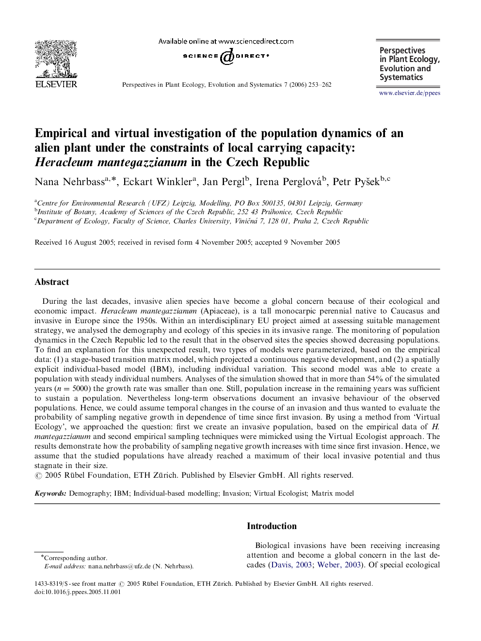 Empirical and virtual investigation of the population dynamics of an alien plant under the constraints of local carrying capacity: Heracleum mantegazzianum in the Czech Republic