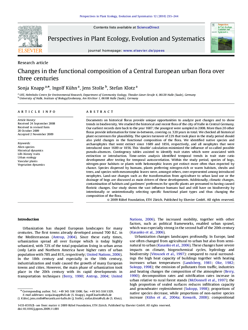 عکس صفحه اول مقاله: Changes in the functional composition of a Central European urban flora over three centuries Changes in the functional composition of a Central European urban flora over three centuries