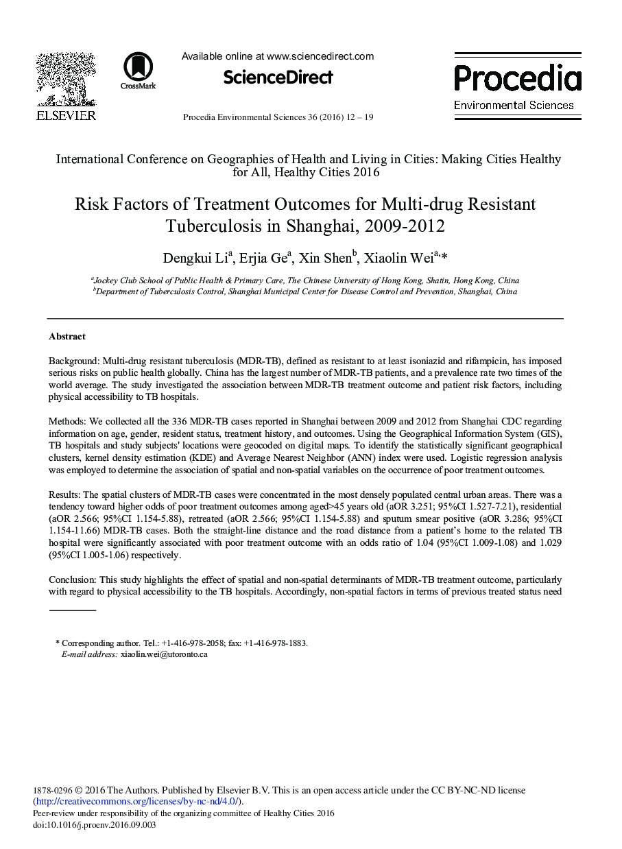 Risk Factors of Treatment Outcomes for Multi-drug Resistant Tuberculosis in Shanghai, 2009-2012 