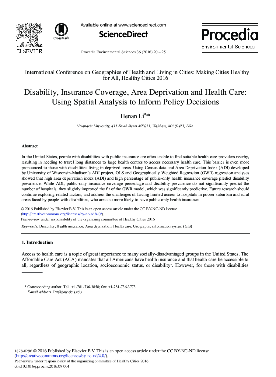 Disability, Insurance Coverage, Area Deprivation and Health Care: Using Spatial Analysis to Inform Policy Decisions 