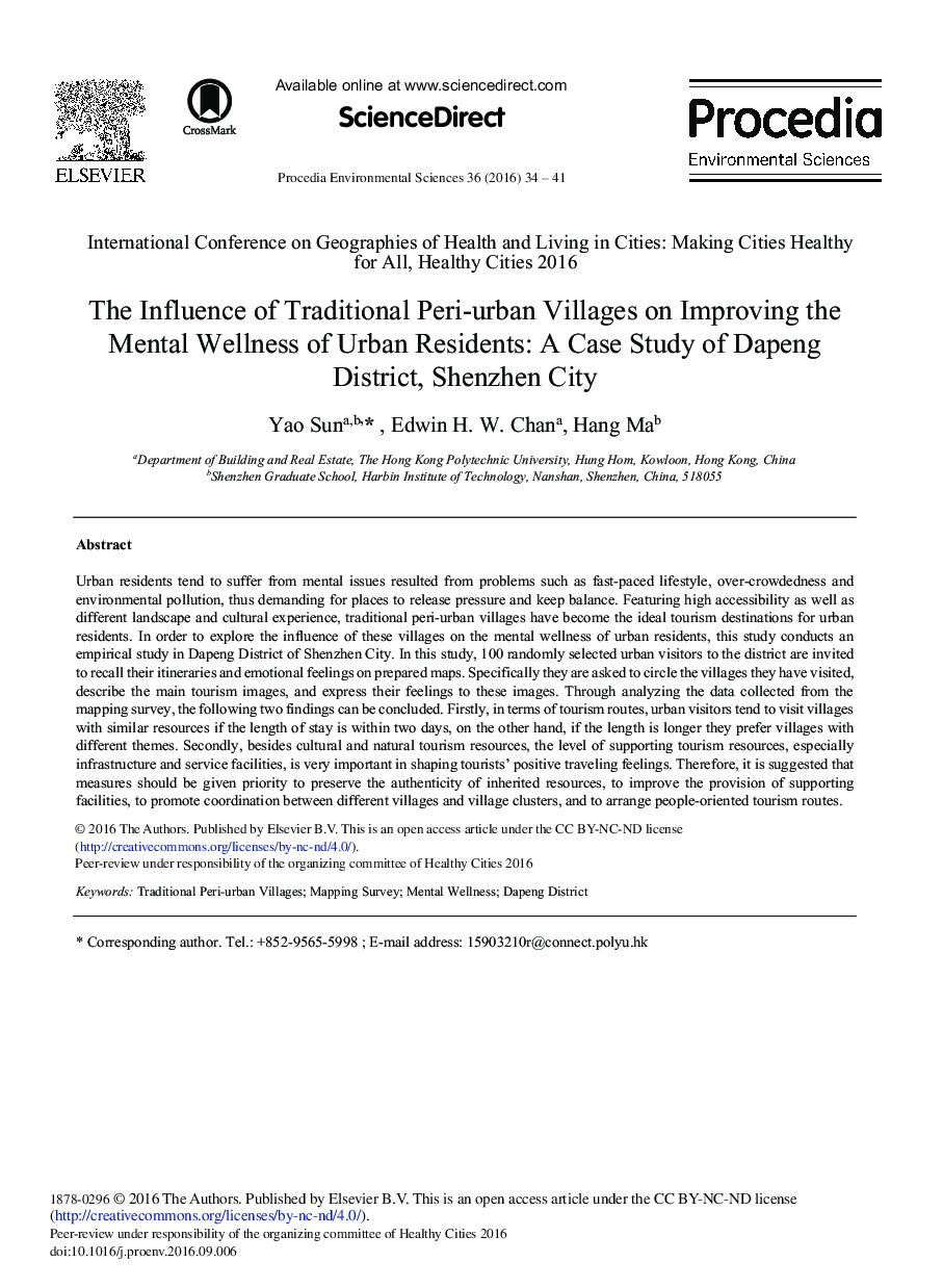 The Influence of Traditional Peri-urban Villages on Improving the Mental Wellness of Urban Residents: A Case Study of Dapeng District, Shenzhen City 