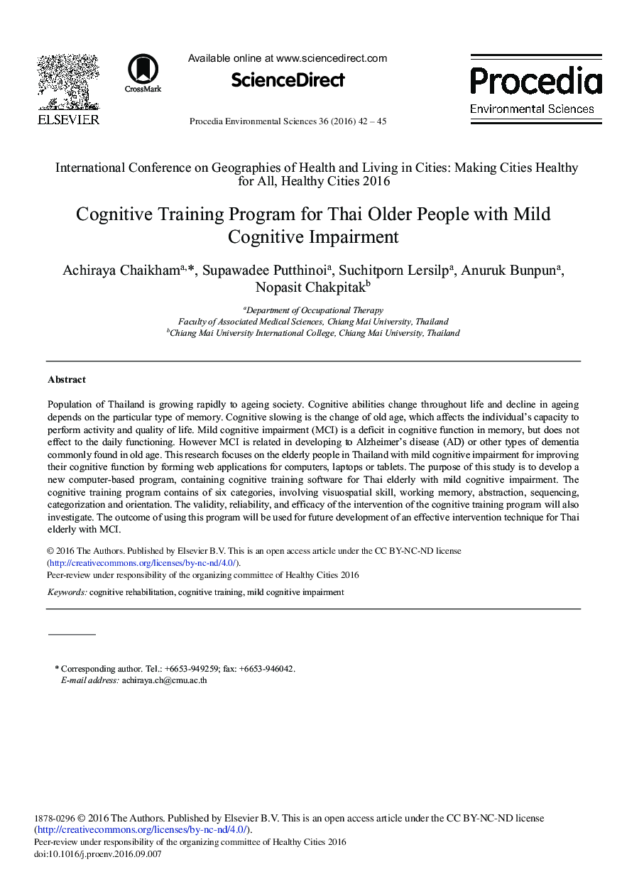 Cognitive Training Program for Thai Older People with Mild Cognitive Impairment 