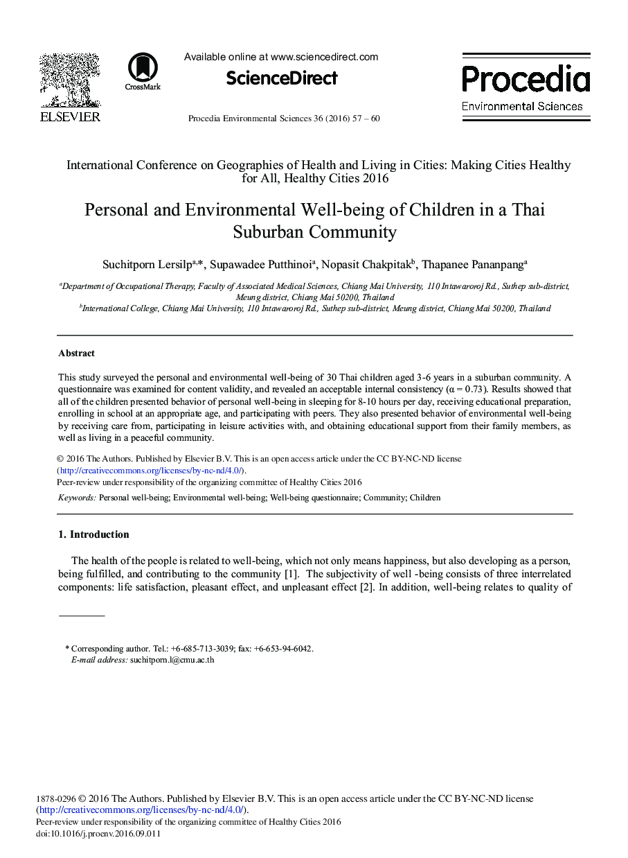 Personal and Environmental Well-being of Children in a Thai Suburban Community 