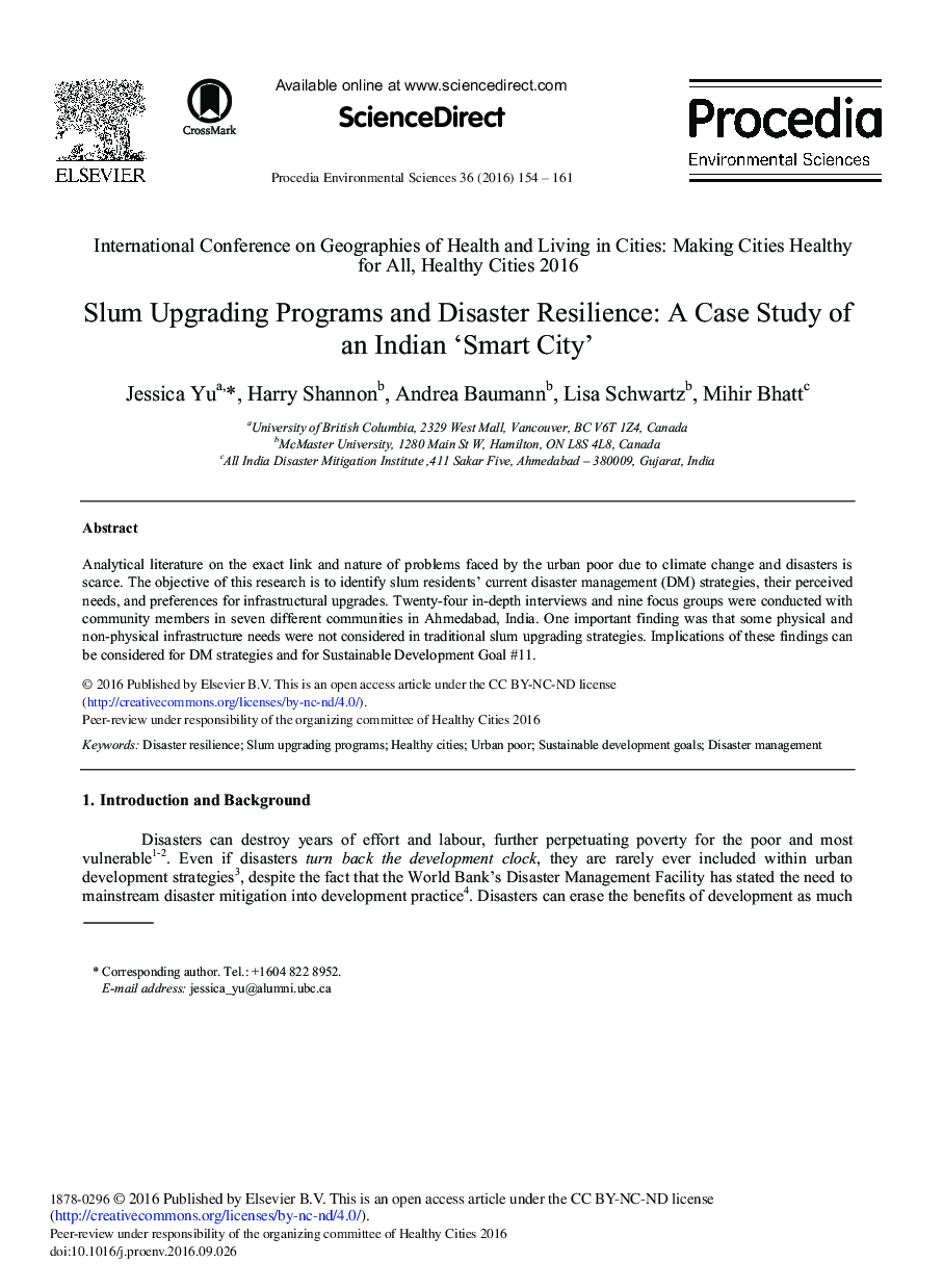 Slum Upgrading Programs and Disaster Resilience: A Case Study of an Indian ‘Smart City’ 