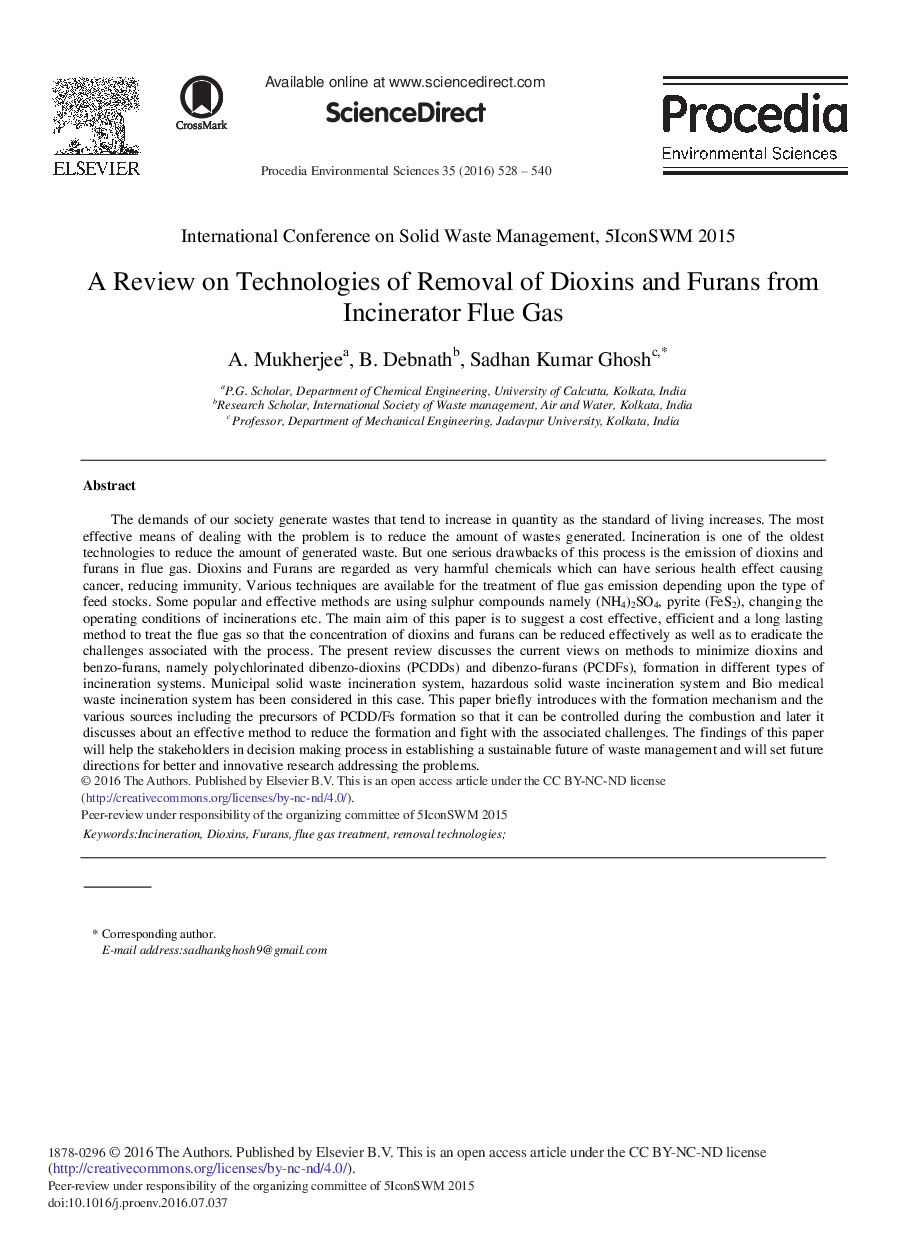 A Review on Technologies of Removal of Dioxins and Furans from Incinerator Flue Gas 