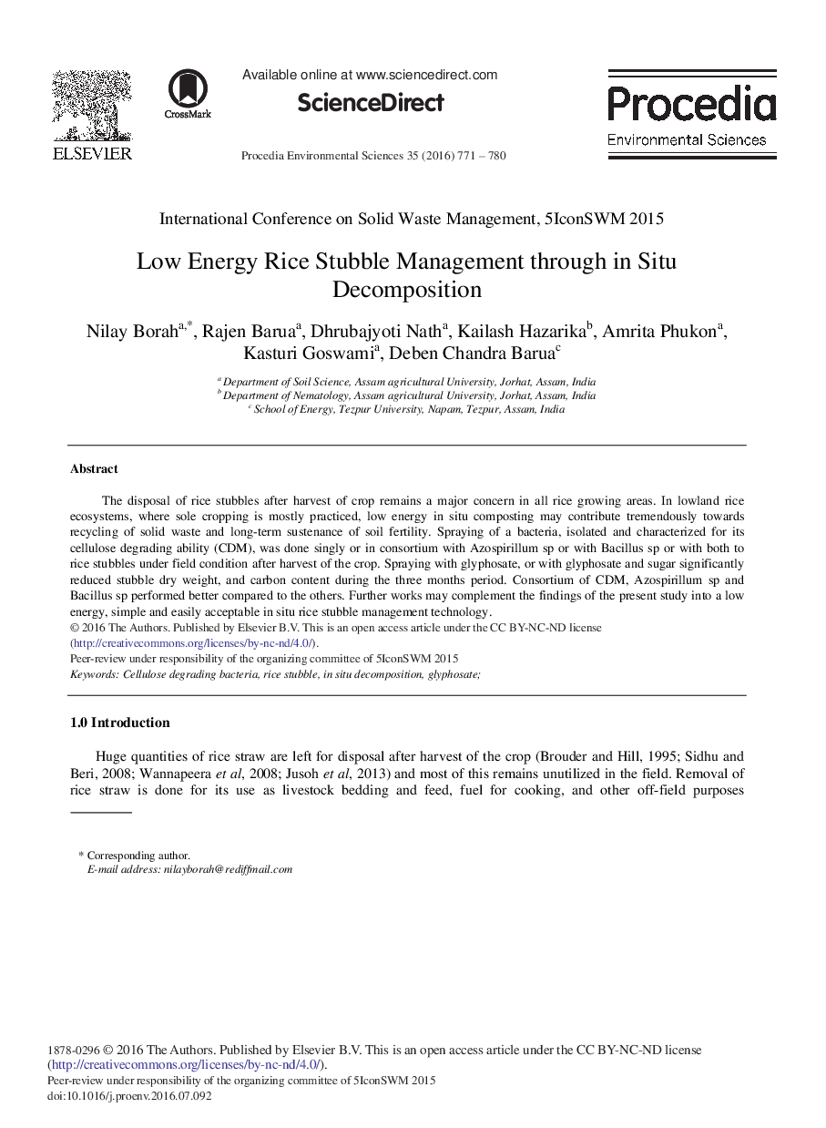 Low Energy Rice Stubble Management through in Situ Decomposition 