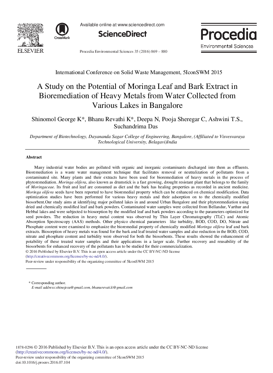 بررسی پتانسیل عصاره برگ و پوست مورینگا در زیست پالایی فلزات سنگین، جمع آوری شده از آب دریاچه های مختلف در Bangalore