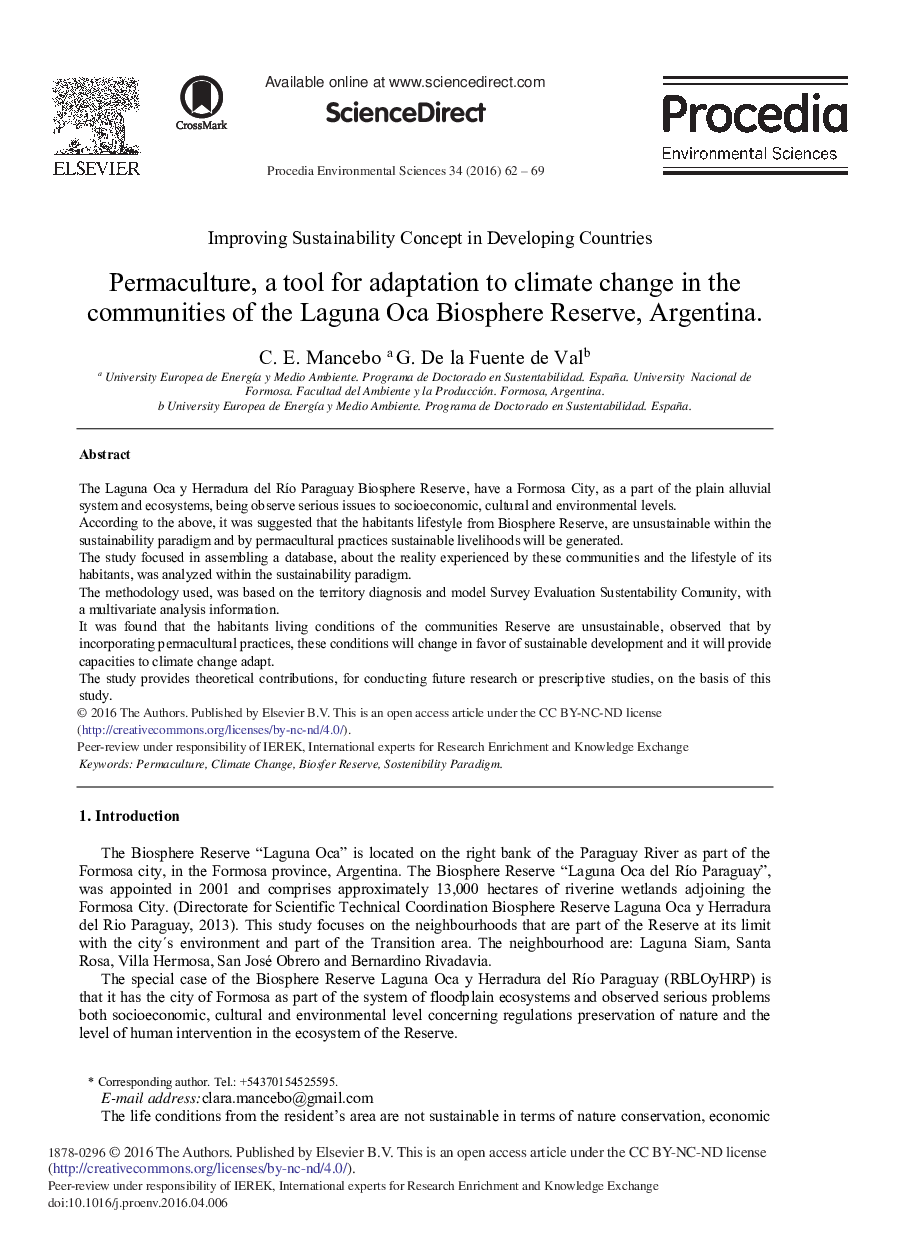 Permaculture, a Tool for Adaptation to Climate Change in the Communities of the Laguna Oca Biosphere Reserve, Argentina 