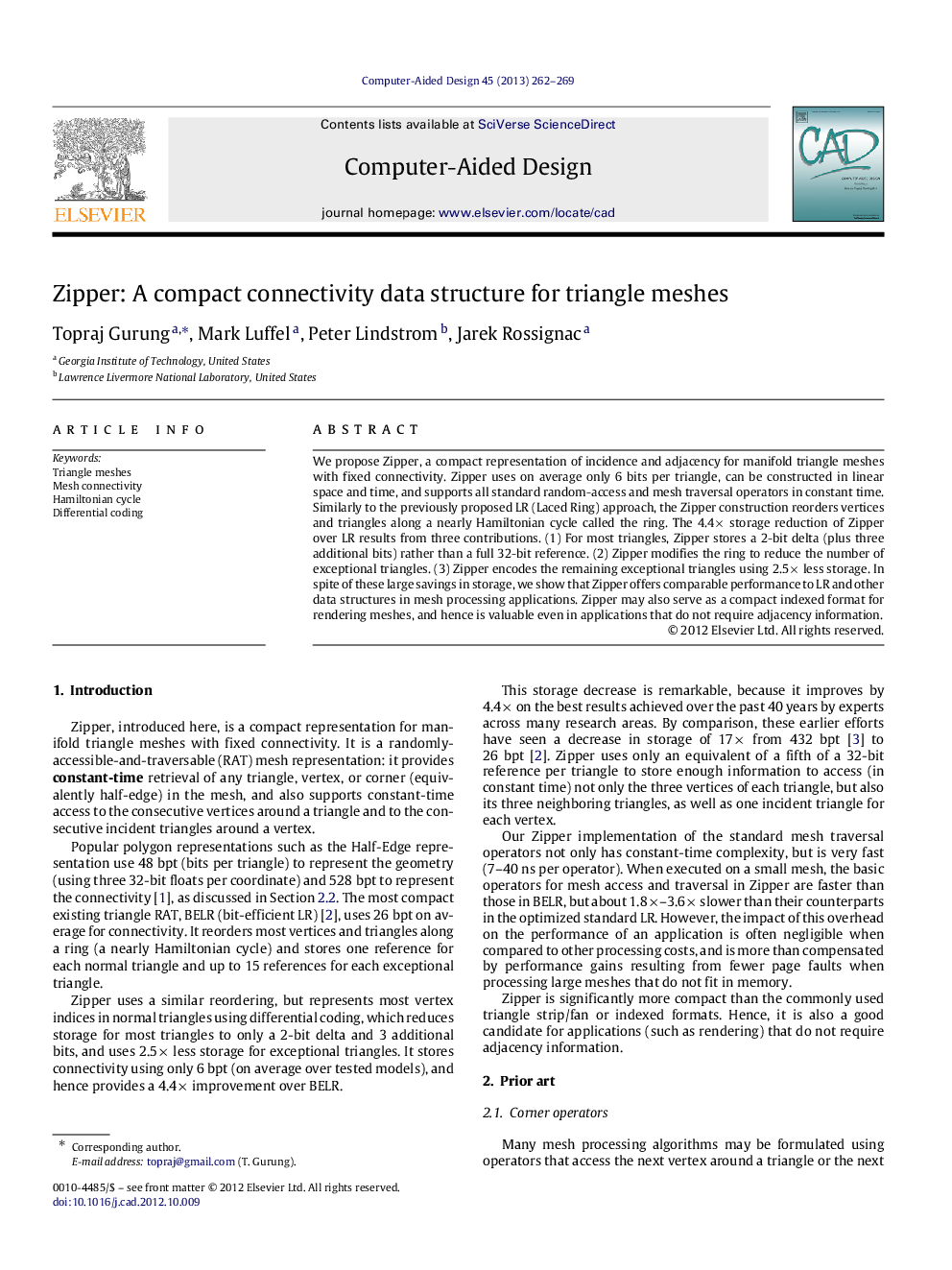 Zipper: A compact connectivity data structure for triangle meshes