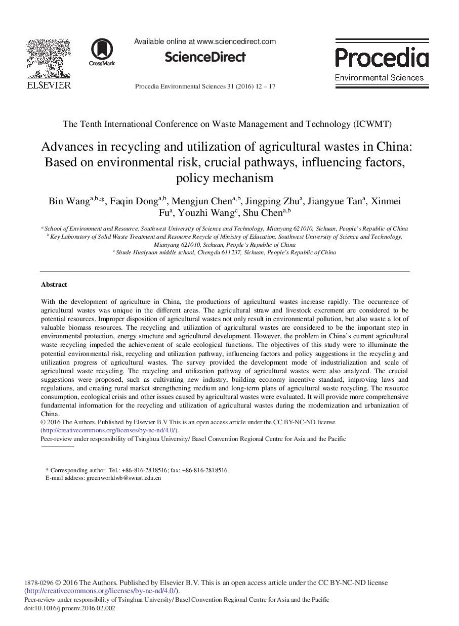 Advances in Recycling and Utilization of Agricultural Wastes in China: Based on Environmental Risk, Crucial Pathways, Influencing Factors, Policy Mechanism 