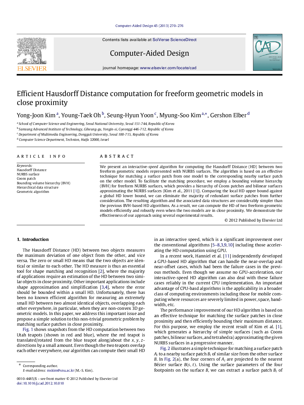 Efficient Hausdorff Distance computation for freeform geometric models in close proximity