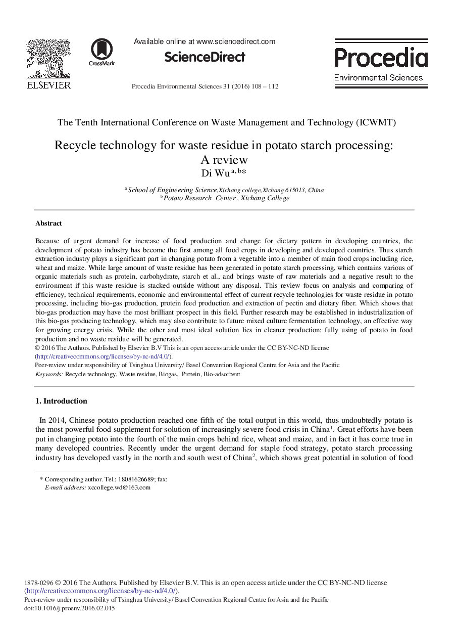 Recycle Technology for Waste Residue in Potato Starch Processing: A Review 